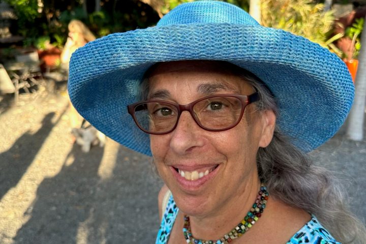a person wearing a blue hat